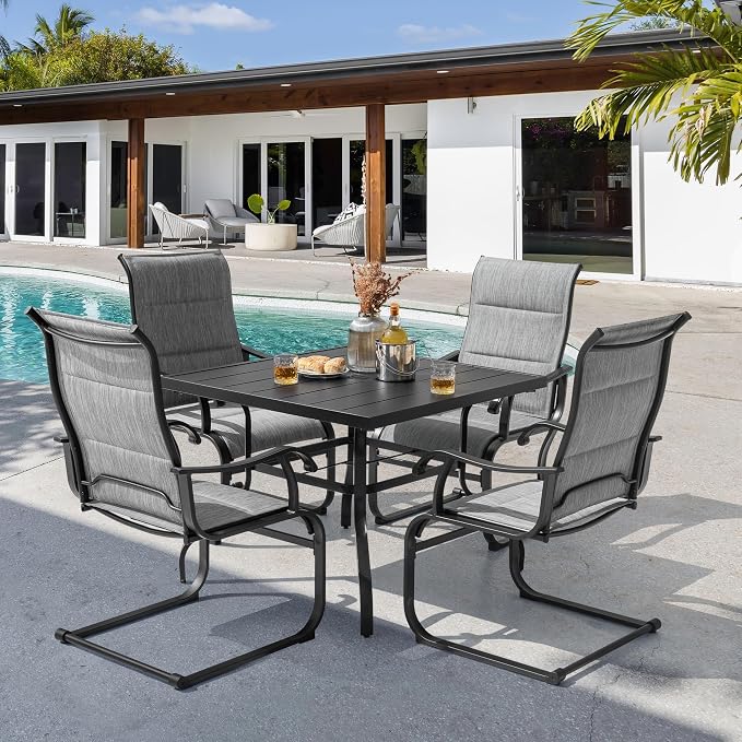 NUU GARDEN 5 Piece Outdoor Dining Set, All Weather Outdoor Padded Textilene Patio Chairs and Square Dining Table with Umbrella Hole for Backyard, Patio, Garden, Deck, Light Grey and Black