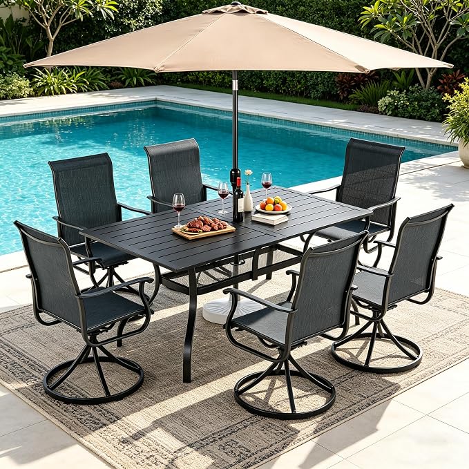 SUNCROWN 8-Piece Outdoor Dining Set, All Weather Patio Furniture Sets with 6 Black Swivel Textilene Mesh Chairs & Rectangular Metal Table & 1 Brown 9Ft Umbrella for Garden Backyard Poolside