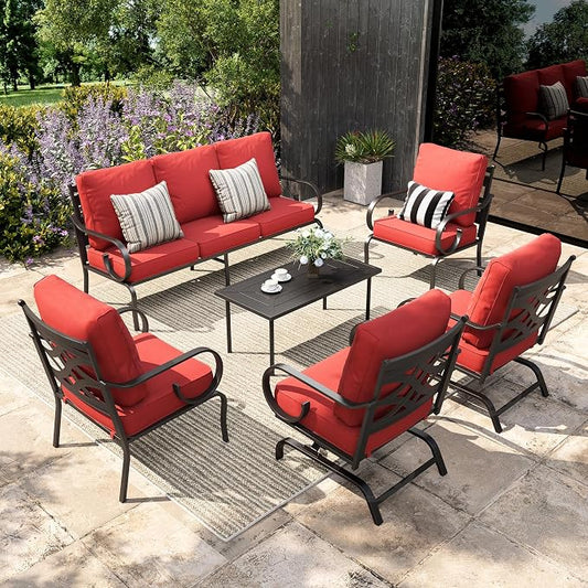 Sophia & William Patio Conversation Set for 7, 3-Seater Sofa, 2 Fixed Chairs, 2 Rocking Chairs and a Coffee Table, Metal Outdoor Furniture with 5.75" Extra Thick Cushions, Red