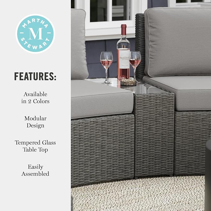Martha Stewart Bedford Indoor-Outdoor Tapered Patio Side Table with Inset Tempered Glass Top and Rattan Wicker Finish in Gray