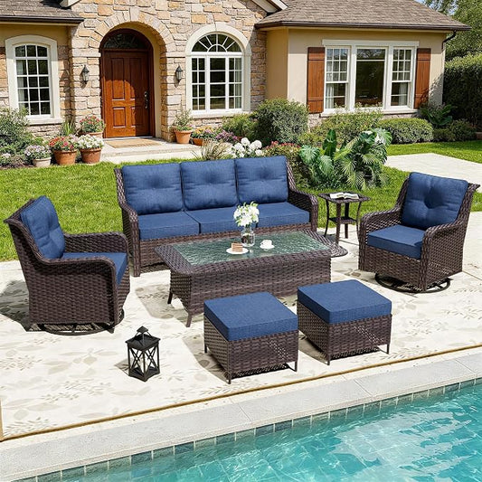 7-Piece Patio Furniture Set,Outdoor Conversation Sets w/Glass Table&High Back Wicker Swivel Rocker Chairs,All-Weather Wicker Sectional Sofa for Deck,Yard and Poolside,Navy Blue
