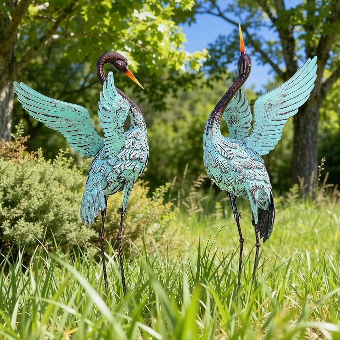 47.5" Blue Heron Decor, Metal Crane Statue Handcrafted | Extra-Large Metal Garden Bird Animal Yard Art, Stable U-Ground Stakes, Backyard Decoration for Lawn
