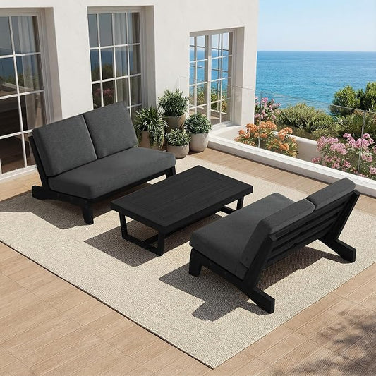 All Weather Patio Furniture Sets, 3 Pieces Black Wood Patio Loveseat Sofa Outdoor Sectional Futniture Backyard Conversation Set with Solid Wooden Coffee Table - Dark Gray