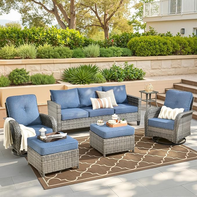 CAODOC 6 Pieces PE Wicker Patio Furniture Set, Outdoor Sectional Sofa with Swivel Chairs, Modern Rattan Conversation Set for Yard, Garden, Lawn, Deck, and Backyard