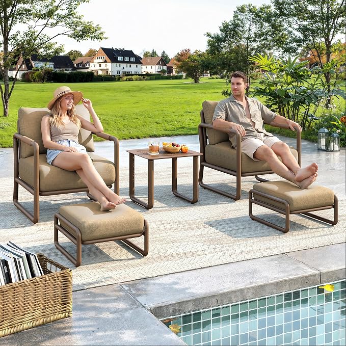 All-Weather 2-Seat Aluminum Patio Set with Ottomans, Outdoor Conversation Sofa with 6.5" Thick Olefin Cushions, Rust-Resistant for Pool, Garden, Backyard (Brown)