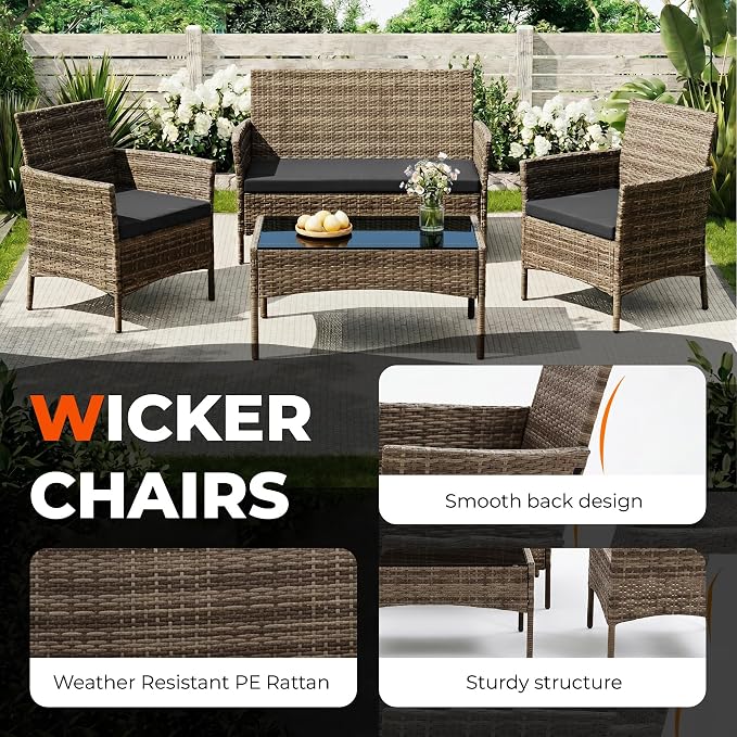 4 Pieces Outdoor Patio Furniture Set, Wicker Patio Conversation Set with Tea Table, All-Weather Outside Rattan Sectional Sofa for Backyard, Poolside, Garden, Balcony, Brown/Gray