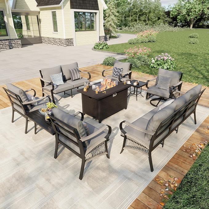 9 Pieces Patio Furniture Set, Metal Outdoor Conversation Sets with Fire Pit Table and Swivel Chairs for Backyard Garden Deck Porch Poolside (Thick Gray Cushions)