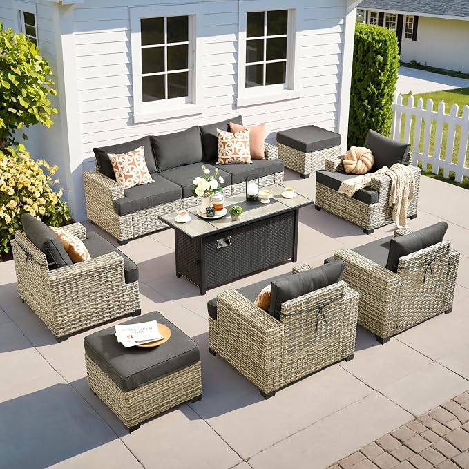 10 Pcs Outdoor Sectional Patio Furniture Set with Fire Pit Table - All Weather Wicker Modular Outside Sectional Couch,Patio Seating Outdoor Conversation Sets for Deck Yard Garden,Black