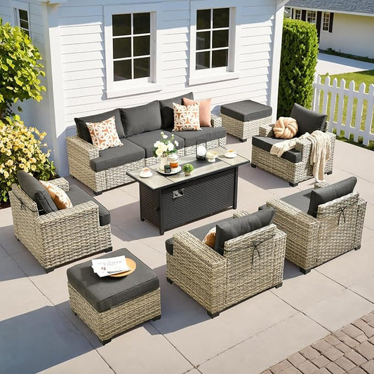10 Pcs Outdoor Sectional Patio Furniture Set with Fire Pit Table - All Weather Wicker Modular Outside Sectional Couch,Patio Seating Outdoor Conversation Sets for Deck Yard Garden,Black