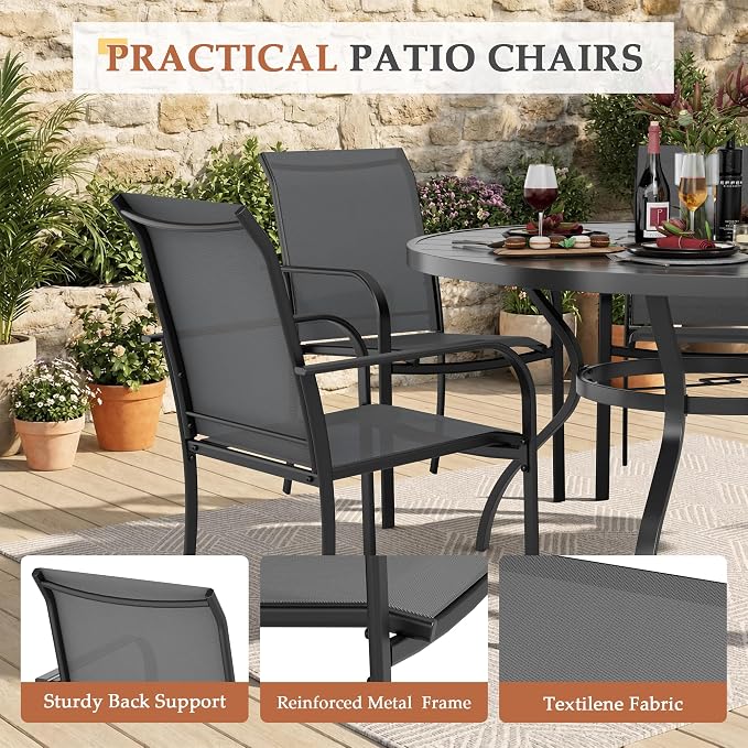 Incbruce 7 PCS Patio Dining Set, Outdoor Dining Set of 6 Textilene Chairs and 53" Round Table with Umbrella Hole for Backyard, Garden, and Poolside (Grey)