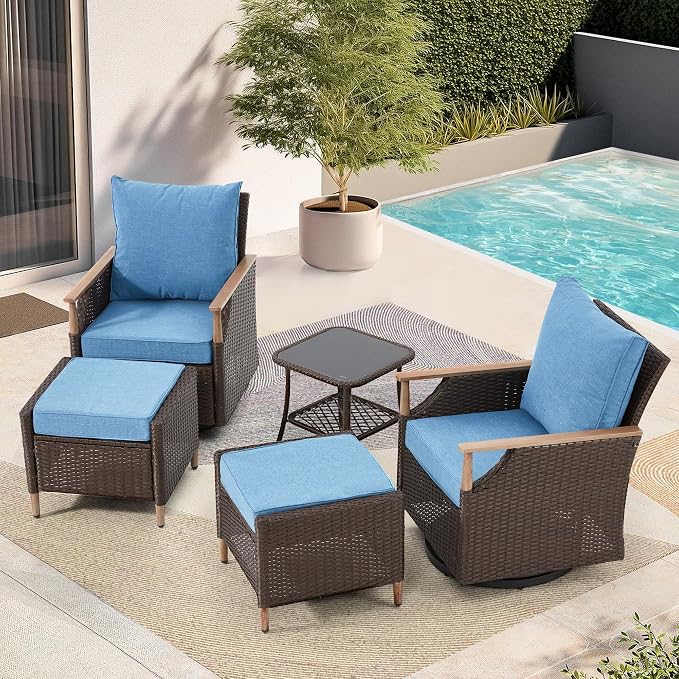 MELLCOM Patio Furniture Set, 5PCS Outdoor Wicker Conversation Set with 4" Thick Cushions, Weather Resistant Olefin Fabric for Garden, Poolside, Blue