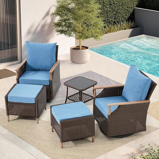 MELLCOM Patio Furniture Set, 5PCS Outdoor Wicker Conversation Set with 4" Thick Cushions, Weather Resistant Olefin Fabric for Garden, Poolside, Blue