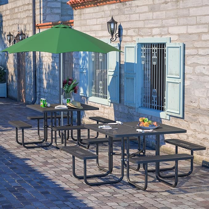 46'' Heavy Duty Outdoor Picnic Table - Commercial Grade Square Steel Picnic Table Set, Umbrella Hole, Rust-Resistant Metal Mesh Tabletop for Patio, Garden, Park, BBQ - Black