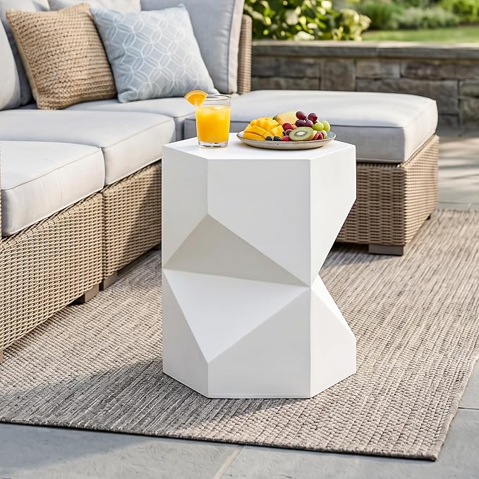 SUNBURY Outdoor Side Table, 18" Hexagon End Table Gloss Finish w Geometric Pedestal, Patio Concrete Accent Table Modular Design Decor, Lightweight Garden Stools for Balcony, Porch, Living Room, White