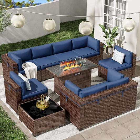 Patio Furniture Set with 44'' Propane Gas Firepit Table, 10 PCS Modular Outdoor Sectional Conversation Sets, All-Weather Wicker Patio Set for Backyard, Navy (Waterproof Covers Included)