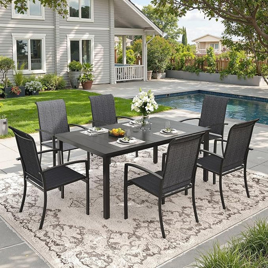 DIFY 7 Pieces Outdoor Dining Set, Metal Patio Table and Chairs Set for 6 with Umbrella Hole, 63" Rectangle Dining Table and Textilene Stackable Patio Chairs for Garden Backyard Deck, Black