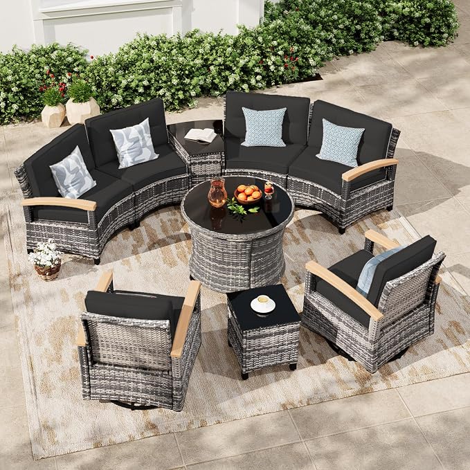 MEISSALIVVE 9-Piece Half-Moon Curved Outdoor Patio Furniture Set, Sectional Conversation Sofa with 2 Swivel Glider Chairs, Round Coffee Table for Backyard Deck Garden, Black