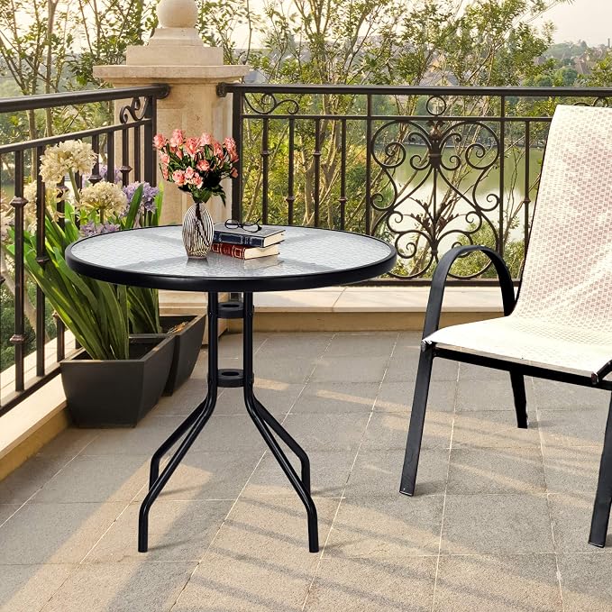 S AFSTAR Outdoor Bistro Table, Tempered Glass Patio Table with Convenient Umbrella Hole, Outside Dining Table, Round Patio Bistro Table for Deck Balcony Lawn Pool Backyard, 28”H x 32” D (Black)