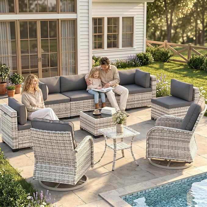 10-Piece Patio Furniture Set, Outdoor Patio Furniture with Swivel Chairs Set, Thick Cushions, Modular Patio Sofa, Dual-Strand Wicker Rattan, Rust-Resistant Frame, Black