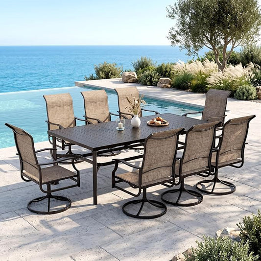 MIXPATIO Outdoor Dining Set for 8, Patio Metal Table and Swivel Chairs Set, 9 Piece Patio Furniture Set with Umbrella Hole for Backyard Deck