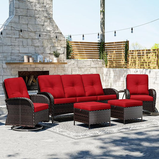 Joyside Wicker Patio Furniture Set, 6 Piece Outdoor Furniture Set with Thickened Cushions, High Back, Deep Seating, Wide Armrest, Outdoor Swivel Rocker Chairs for Porch, Deck