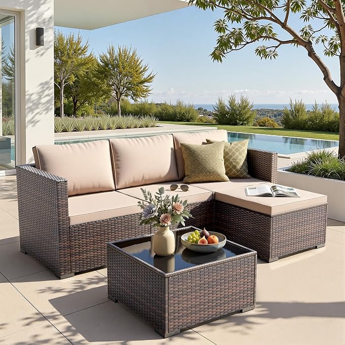 WWR Patio Furniture Set 5 Piece - Wide Armrests - All-Weather Wicker Rattan Outdoor Conversation Couch Sets, Modular Sectional Sofa for Garden, Patio, Poolside, Backyard, Balcony, Porch