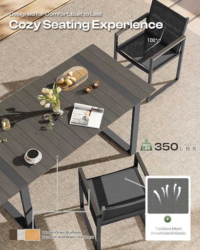 Outdoor Dining Set, Patio Table and Chairs Set, 7 Piece HDPS + Aluminum Patio Furniture Set with Umbrella Hole, Patio Dining Table Set (Charcoal)