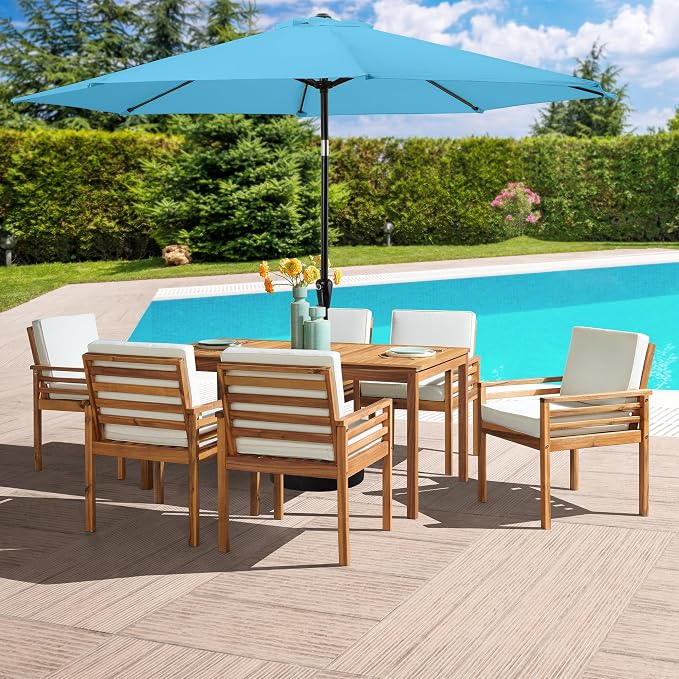Alaterre Furniture Okemo 8 Piece Outdoor Dining Set with Umbrella - Solid Acacia Wood Outdoor Furniture Set with 63” Patio Table, 6 Patio Chairs, and 10ft Blue Umbrella
