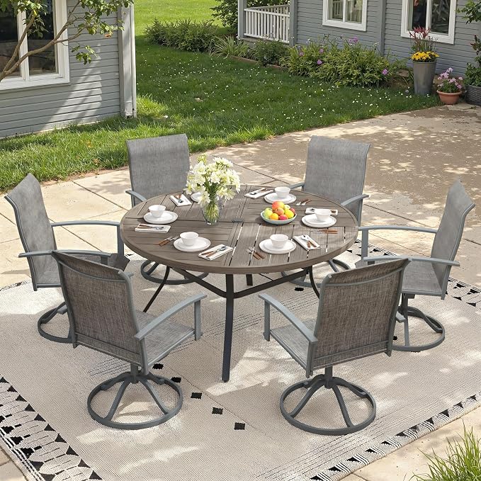 7 Pieces Round Outdoor Table and Chairs Set, Patio Dining Set with 50" Round Spliced Outdoor Table and Patio Swivel Chairs for Backyard Lawn Garden, Grey Table and Grey Chairs