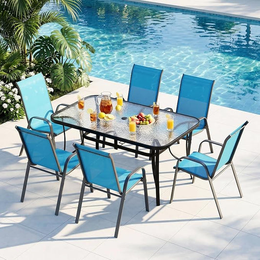 Arlopu 7-Piece Outdoor Table and Chairs for 6, Outdoor Dining Set W/Rectangle Glass Table and Patio Textilene Stackable Chairs, Patio Furniture Set W/Umbrella Hole (Black Table & Sky Blue Chair)