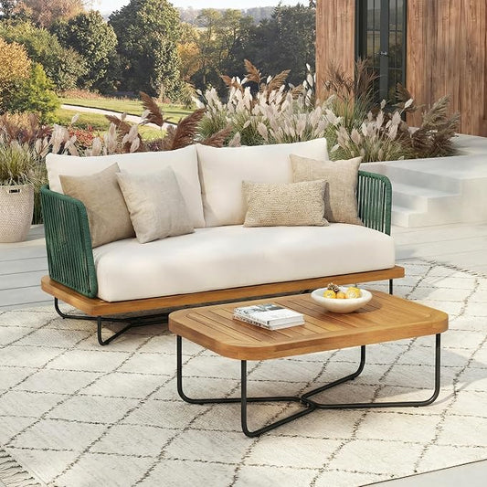 Christopher Knight Home Elly Acacia Wood Outdoor Loveseat and Coffee Table Set, 2 Piece Patio Furniture Set with Metal Frame, Outdoor Conversation Set with Cushion for Backyard, Green+Teak+ Beige