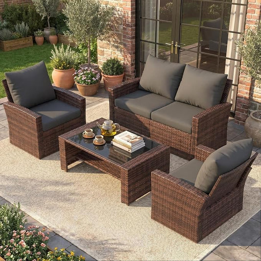 UDPATIO Patio Furniture Set, Outdoor Furniture Sets with Loveseats Sofa, Wicker Rattan Outdoor Conversation Set with Storage CoffeeTable for Backyard, Deck, Porch, Brown/Grey