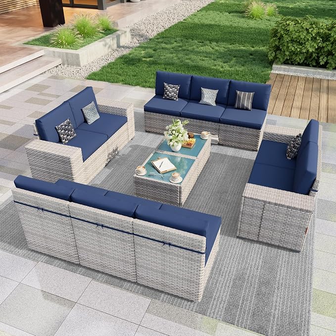 12 Pieces Patio Conversation Set, Rattan Furniture Set with Wide Armrests and Coffee Table, Outdoor Modular Sectional Couch Wicker Sofa for Garden Backyard Balcony Porch Deck (Blue Cushions)