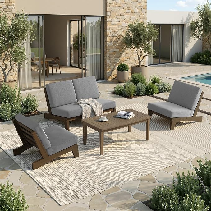 Pia Ricoo 4 Piece Patio Furniture Sets, Outdoor Loveseat Sofa Set with 2 Chairs & Coffee Table, Patio Conversation Set for Backyard, Deck, Lawn, Gray