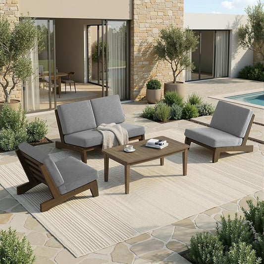 Pia Ricoo 4 Piece Patio Furniture Sets, Outdoor Loveseat Sofa Set with 2 Chairs & Coffee Table, Patio Conversation Set for Backyard, Deck, Lawn, Gray