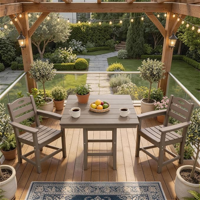 3 Piece Outdoor Patio Dining Set, HDPE 37.8" Square Dining Table & 2 Comfortable Armchairs, 1.77" Umbrella Hole, Heavy Duty Poly Bistro Furniture for Balcony, Porch, Garden, Poolside, Weathered Wood