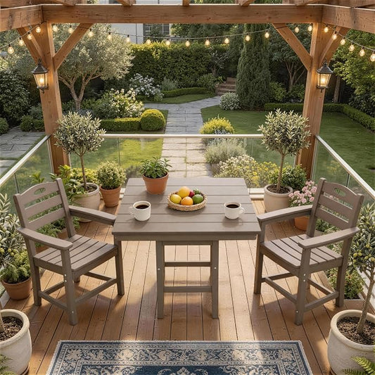 3 Piece Outdoor Patio Dining Set, HDPE 37.8" Square Dining Table & 2 Comfortable Armchairs, 1.77" Umbrella Hole, Heavy Duty Poly Bistro Furniture for Balcony, Porch, Garden, Poolside, Weathered Wood