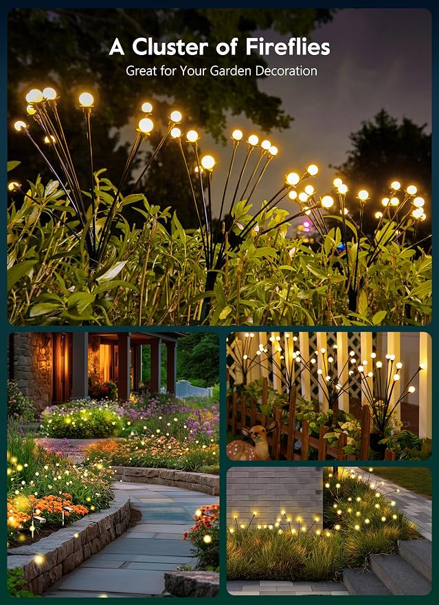 Brightown 4 Pack Solar Garden Lights, 48 LED, Warm White | Firefly Lights, 2 Lighting Modes, Wind Sway, IP65 Waterproof, For Garden Yard Pathway