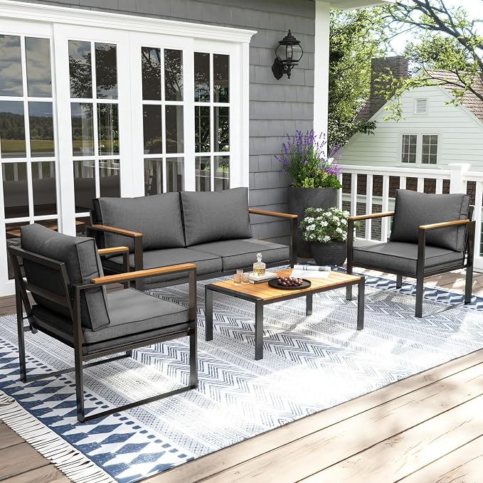 UDPATIO Metal Outdoor Patio Furniture Set, Modern Outdoor Conversation Sets w/Coffee Table, Sectional Furniture with Thick, Washable and High-Resiliency Sponge Cushions, Deep Grey, 4 PCS