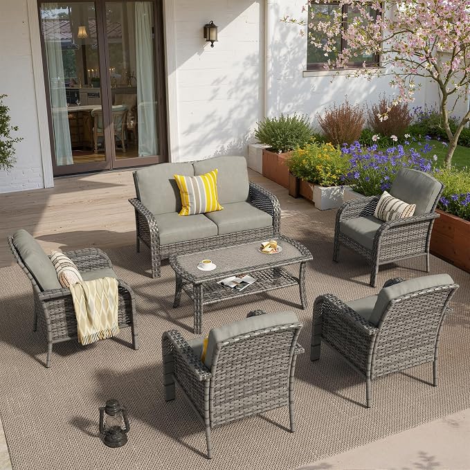 6 PCS Outdoor Patio Furniture Set with Glass Table, All-Weather Rattan Wicker Outdoor Conversation Set with Thickened Cushions for Balcony Backyard Garden Lawn,Dark Grey