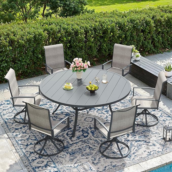 DIFY 7 Piece Outdoor Patio Dining Set for 6, 53" Round Metal Dining Table and Swivel Patio Chairs with Padded Textilene, All-Weather Outdoor Furniture Set for Garden Backyard Porch, Grey