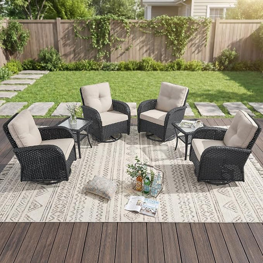 Outdoor Swivel Glider Rocker Chairs Set of 4 - Wicker Patio Furniture Set All Weather Patio Conversatio Sets with 2 Tempered Glass Side Table for Deck Backyard - Black Wicker Beige Cushion