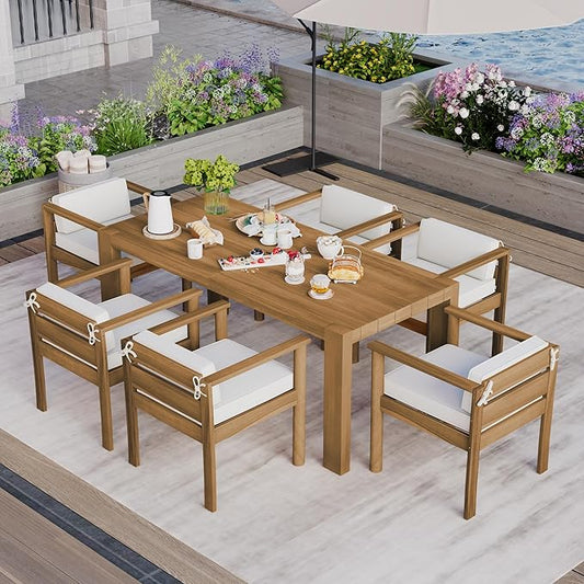 Outdoor 7-Piece Patio Dining Table Set, All-Weather Acacia Wood 72.8" Rectangle Table and 6 Chairs Set with Umbrella Hole and Removable Cushions for Backyard Garden Poolside (Light Teak 72.8'')