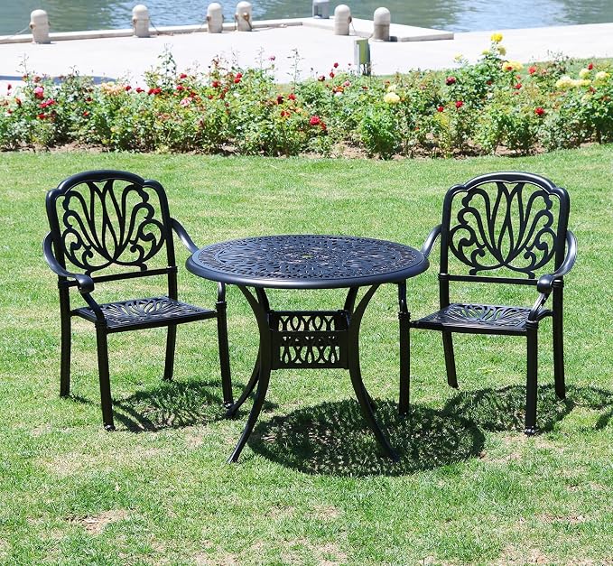 35" Outdoor Patio Table Cast Aluminum Dining Table,All Weather Metal Bistro Round Table with 2.4" Umbrella Hole for Garden,Backyard,Porch,Balcony,Black