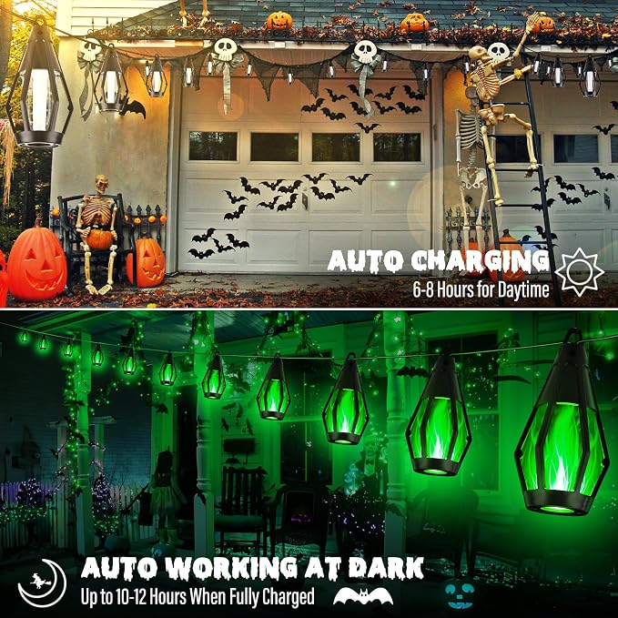 iBaycon 42FT 15 LED Solar Flame Halloween String Lights Outdoor, Green | Ultra-Real Flickering Flame Lamp Outdoor Waterproof, Solar Patio String Lights for Garden Yard Lawn Halloween Decorations