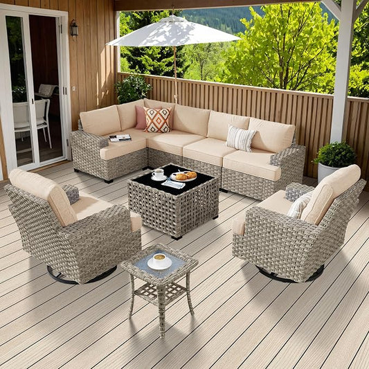Weaxty 9 Pieces Patio Furniture Set, Outdoor Sectional Furniture Sofa Set w/Swivel Rocking Chairs Coffee Table, PE Wicker Modular Couch Conversation Set for Backyard Garden,Beige