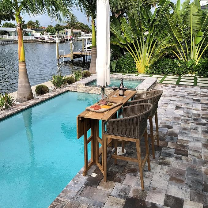 Royal Teak Collection Drop Leaf Bar Table, 64-Inch Folding Outdoor Rectangular Table, Space-Saving, Bar Height, Balcony, Garden or Patio Wooden Teak Outdoor Furniture (BTDL64)