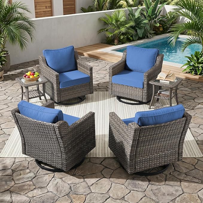 Outdoor Furniture Set of 6, Patio Furniture Set with 4 Wicker Swivel Rocker Chairs, 2 Side Table, High Back&Deep Seat for Garden Deck Porch Balcony Backyard - Blue