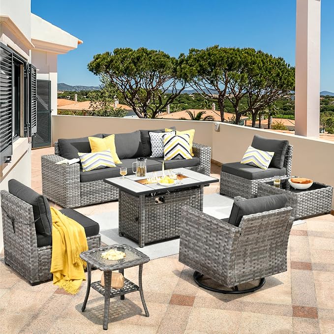 HOOOWOOO Outdoor Patio Sectional Furniture Sofa Set with Large Fire Pit Table,9 Piece Modern Wicker Couch with Swivel Chair,Modular Conversation Seating Set with Widened Armrest(Black)