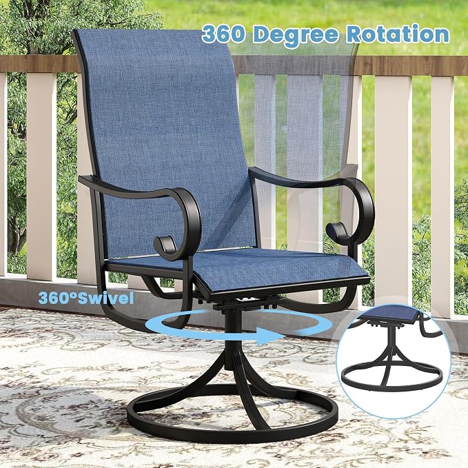 DIFY 5 Pieces Outdoor Dining Set for 4, Outdoor Furniture Set of 4 Blue Textilene Swivel Patio Chairs, 47.2" Black Round Metal Dining Table with Umbrella Hole for Garden Deck Backyard
